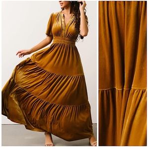 Gold Velvet Tiered Smocked Formal Maxi Dress